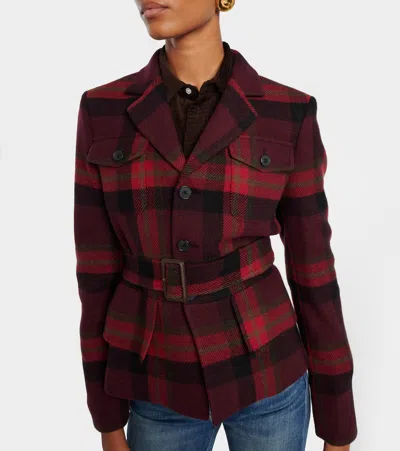 Polo Ralph Lauren Belted Wool-blend Plaid Tweed Jacket In Red