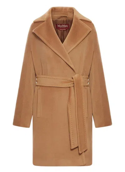 Max Mara Studio Long-sleeved Belted Coat In Brown