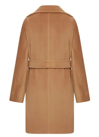 Max Mara Studio Long-sleeved Belted Coat In Brown