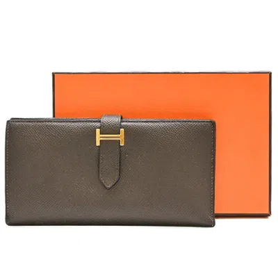 Pre-owned Hermes Bearn Chocolat Dark Brown Epsom Leather Long Wallet (bi-fold) ()