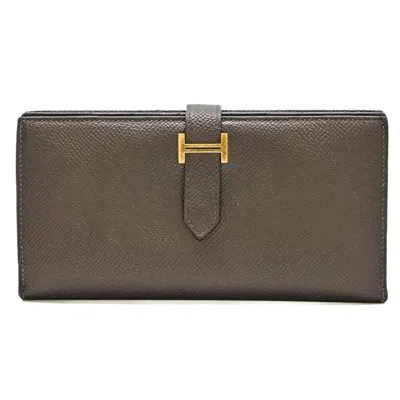 Pre-owned Hermes Bearn Chocolat Dark Brown Epsom Leather Long Wallet (bi-fold) ()