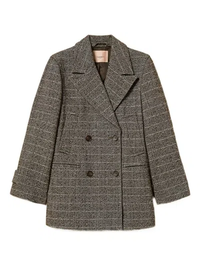 Twinset Herringbone Double-breasted Coat In Brown