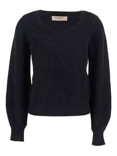 Twinset Black Sweater With Embroidered Collar And Elastic Cuffs In Wool And Cotton Woman In Black