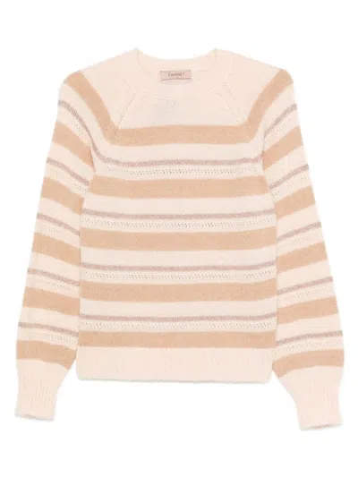 Twinset Beige And Cream Striped Knit Sweater In Neutral