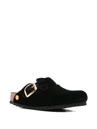 Birkenstock Boston Big Buckle Velvet Mule Shoes In Black