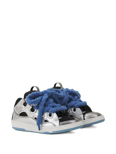 Lanvin Curb Metallic Leather Sneakers With Mesh Laces Shoes In Gray