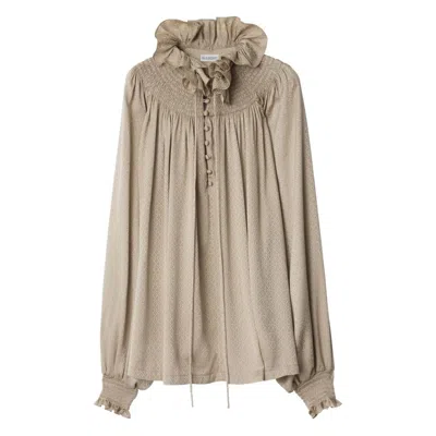 Burberry Geometric-pattern Ruffled-collar Blouse In Brown
