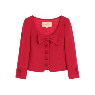 Valentino Textured Tweed Blazer Bow Detail In Red