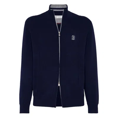 Brunello Cucinelli Zip-front Embroidered-logo Cardigan In Blue