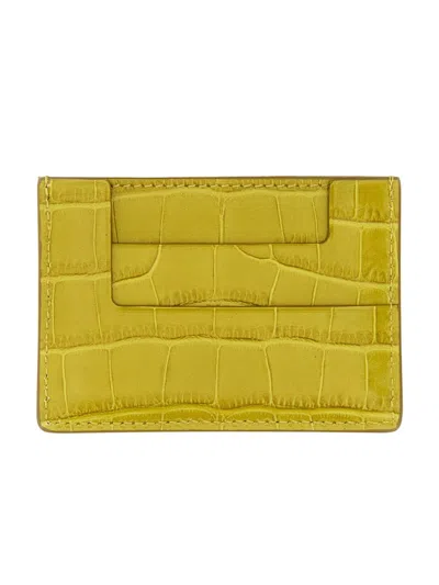 Tom Ford Logo Embossed Card Holder In Crocodile Texture In Green