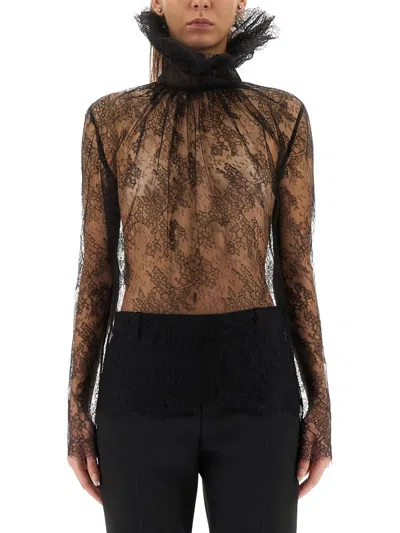 Alexander Mcqueen Sheer Lace High Neck Long Sleeve Top In Black