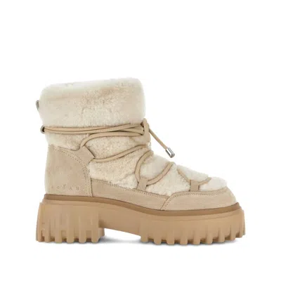 Hogan Lace-up Shearling-trim Boots In Nude