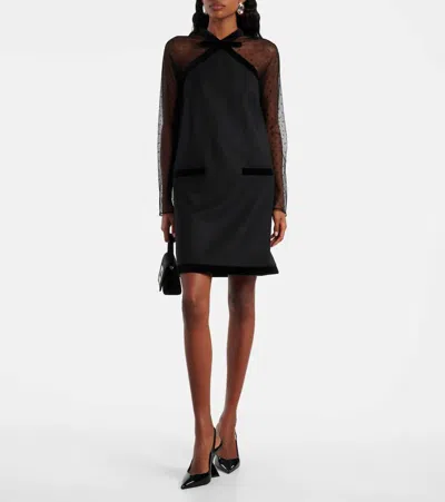 Nina Ricci Bow-detailed Velvet-trimmed Polka-dot Tulle And Wool-gabardine Mini Dress In Black