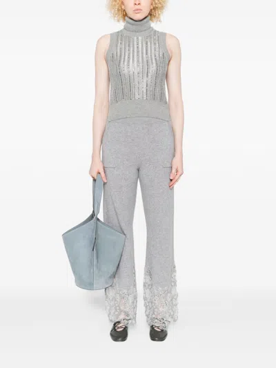 Ermanno Scervino Wide Leg Cashmere Trousers With Lace Trim In Gray