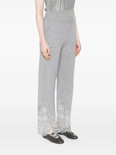 Ermanno Scervino Wide Leg Cashmere Trousers With Lace Trim In Gray
