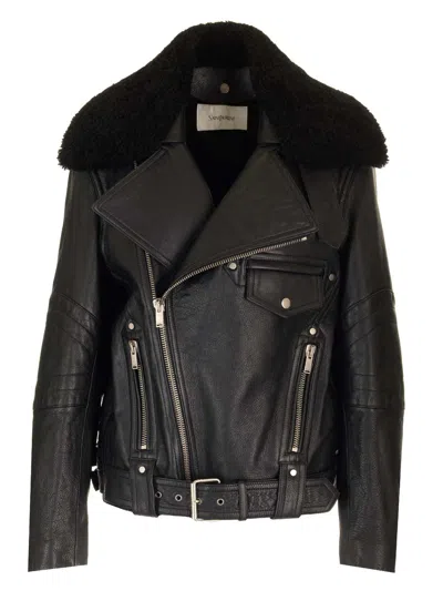 Saint Laurent Leather Biker Jacket Jackets Black In Black