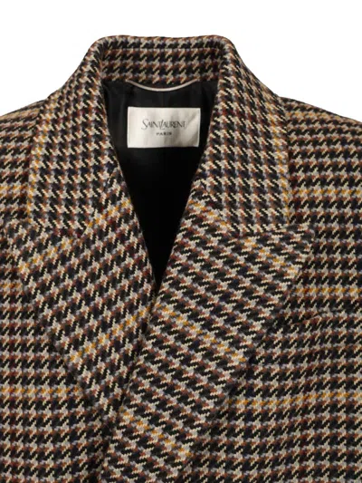 Saint Laurent Long Checked Wool Coat Coats Multicolor In Gray