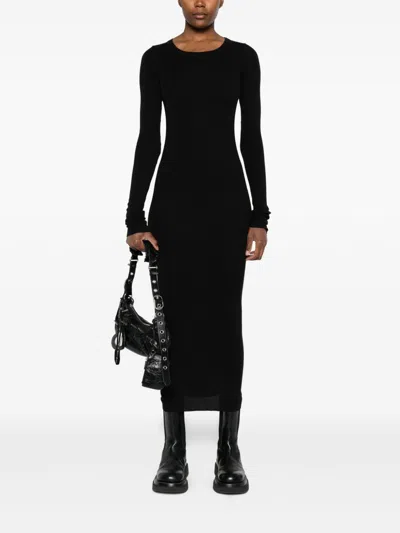 Rick Owens Midi Dress With Long Sleeves And Crew Neck In Black