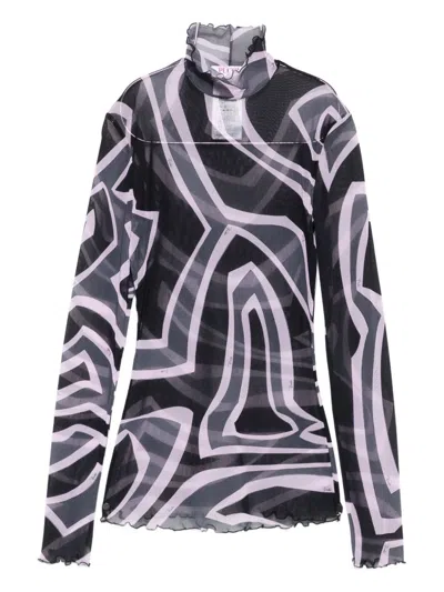 Pucci Semi Sheer Printed Long-sleeved High-neck Top In Multi