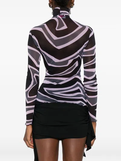 Pucci Semi Sheer Printed Long-sleeved High-neck Top In Multi