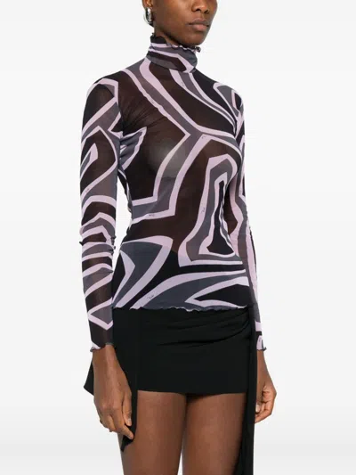 Pucci Semi Sheer Printed Long-sleeved High-neck Top In Multi