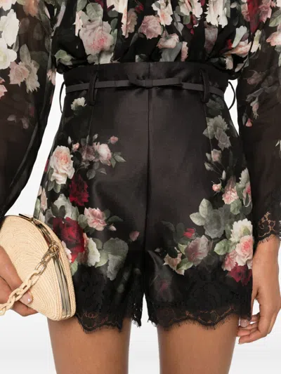 Zimmermann Belted Lace-trimmed Floral-print Silk And Cotton-blend Twill Shorts In Multi
