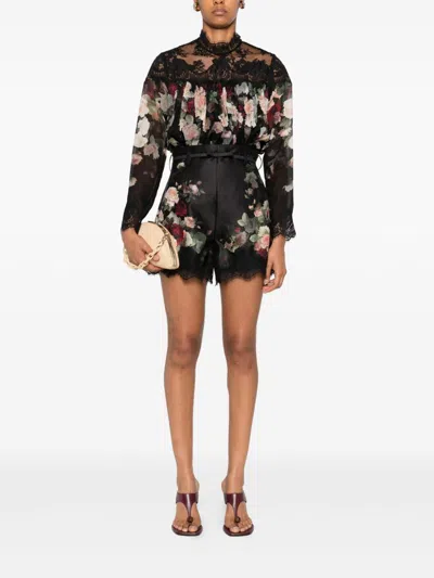 Zimmermann Belted Lace-trimmed Floral-print Silk And Cotton-blend Twill Shorts In Multi