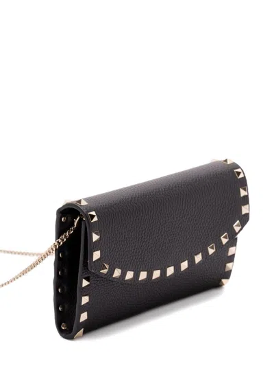Valentino Garavani Rockstud Leather Wallet On Chain In Black