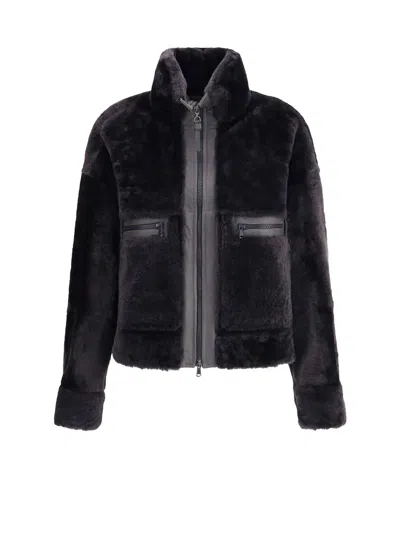 Brunello Cucinelli Grey Shearling Jacket With Two Front Welt Pockets With Zip In Black
