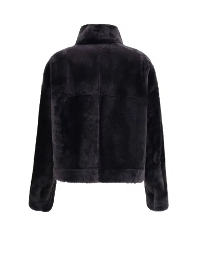 Brunello Cucinelli Grey Shearling Jacket With Two Front Welt Pockets With Zip In Black