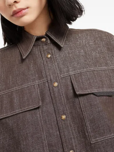 Brunello Cucinelli Brown Shirt With Classic Collar And Monil Detail On The Pocket In Cotton Blend Woman In Brown