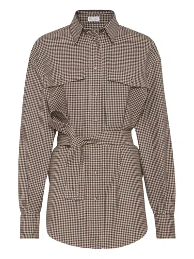 Brunello Cucinelli Check-pattern Shirt With Belt And Shiny Collar Detail In Brown
