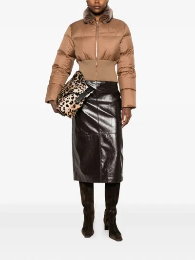 Fendi Short Padded Down Jacket With Shearling Collar Clothing In Brown