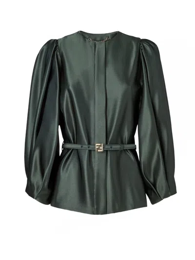 Fendi Satin Jacket With Balloon Sleeves And Belt In Green