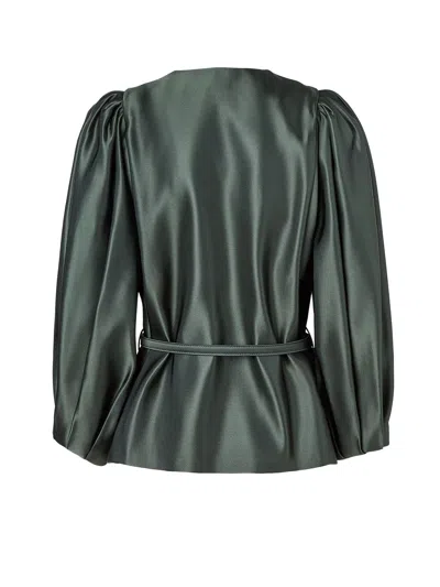 Fendi Satin Jacket With Balloon Sleeves And Belt In Green