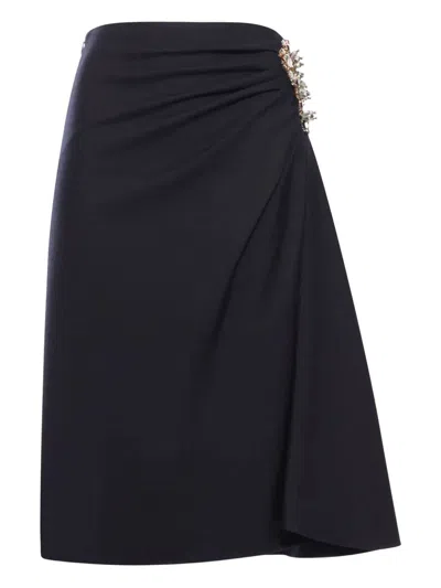 Dries Van Noten Navy Blue Draped Skirt With Brooch In Black