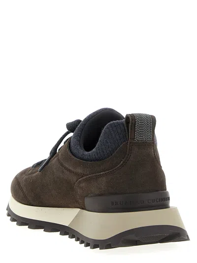 Brunello Cucinelli Suede Flannel Microsole Runner Sneakers With Monili Pull Tab In Multi
