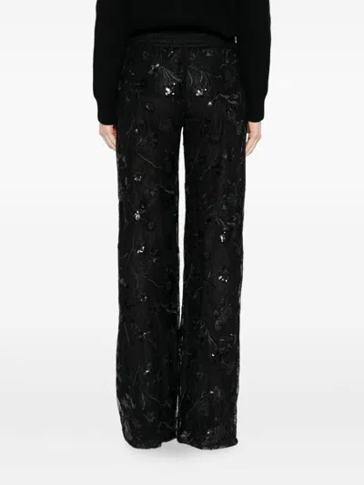 Ermanno Firenze Sheer Black Trousers With Intricate Floral Embroidery In Black