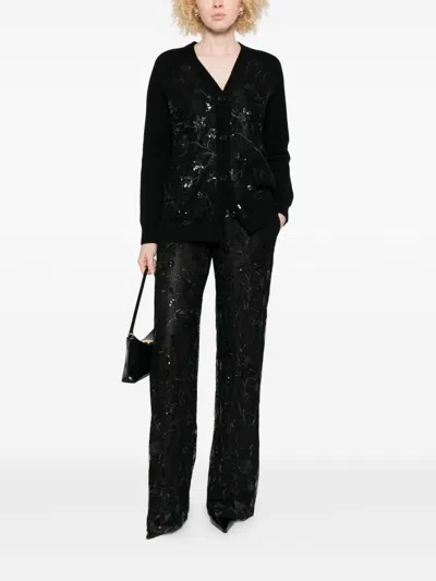 Ermanno Firenze Sheer Black Trousers With Intricate Floral Embroidery In Black