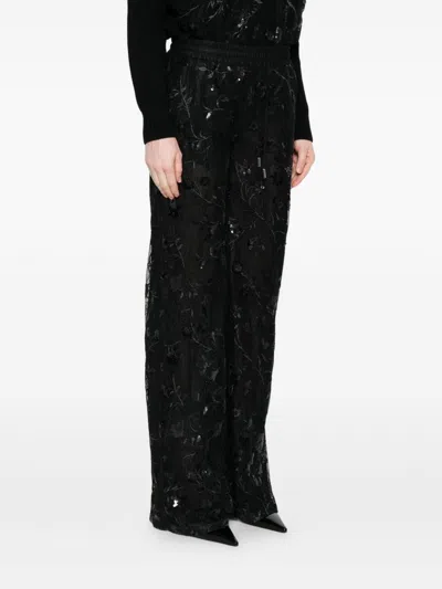 Ermanno Firenze Sheer Black Trousers With Intricate Floral Embroidery In Black