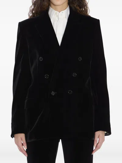 Saint Laurent Cassandre Double-breasted Wool Gabardine Blazer In Black