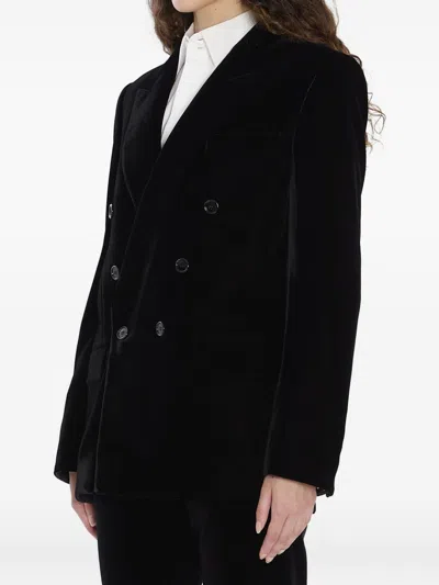 Saint Laurent Cassandre Double-breasted Wool Gabardine Blazer In Black