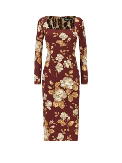 Dolce & Gabbana Dolce&gabbana Burgundy Satin Dress With Floral Print Women In Brown