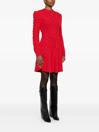 Alexander Mcqueen Ribbed And Cable-knit Wool And Cashmere-blend Mini Dress In Red