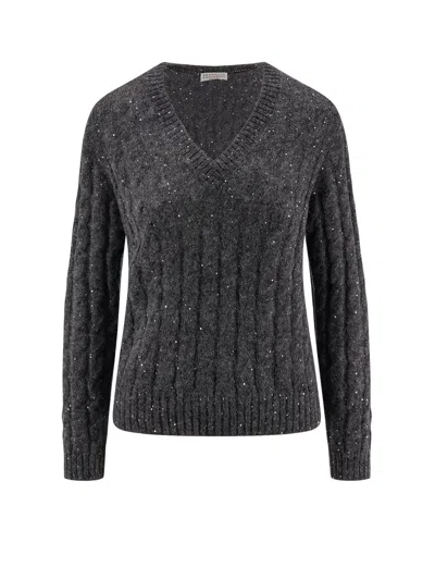 Brunello Cucinelli Textured Ribbed V-neck Sweater With Sparkling Details In Gray