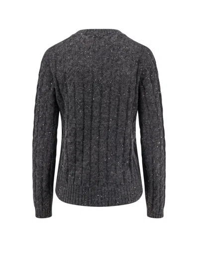 Brunello Cucinelli Textured Ribbed V-neck Sweater With Sparkling Details In Gray