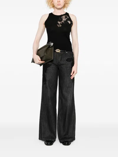 Ermanno Scervino Merino Racerback Tank Top Floral Embroidery In Black