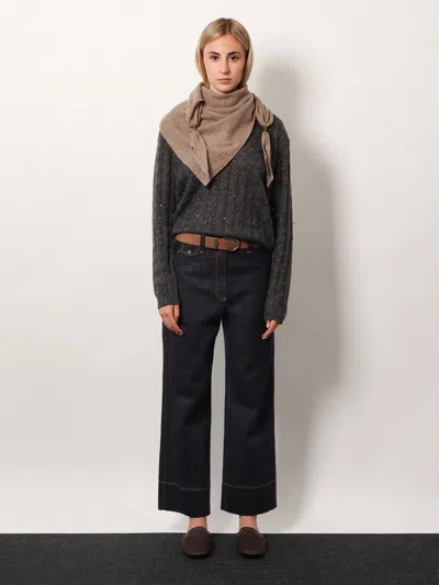 Brunello Cucinelli Textured Ribbed V-neck Sweater With Sparkling Details In Blue