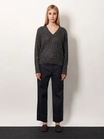 Brunello Cucinelli Textured Ribbed V-neck Sweater With Sparkling Details In Blue