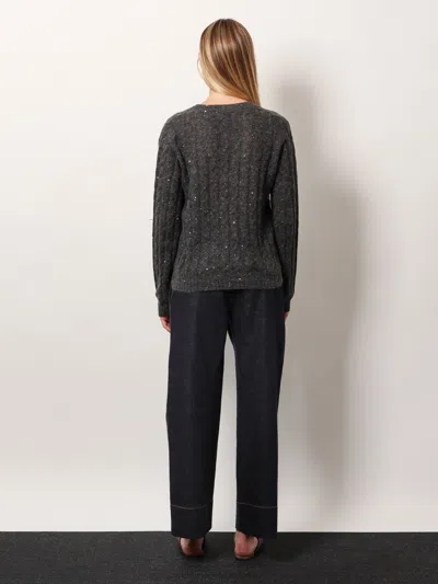 Brunello Cucinelli Textured Ribbed V-neck Sweater With Sparkling Details In Blue